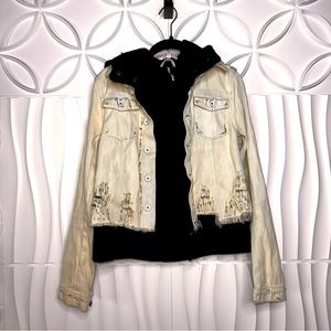 Free People Cream Denim and Navy Hooded Jean Jacket